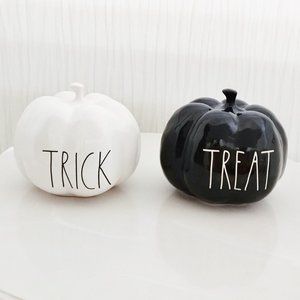 Rae Dunn Halloween Pumpkin Set of 2 Trick Treat White Black SHINY !!